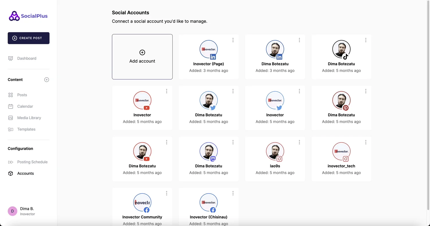 Outil gratuit de gestion des réseaux sociaux basé sur l'IA - SocialPlus AI - Comptes connectés