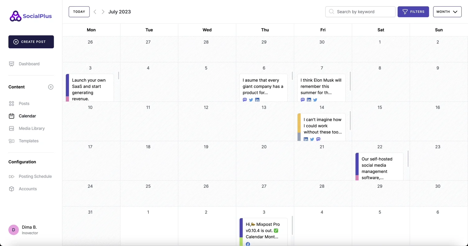 Strumento di gestione dei social media AI gratuito - SocialPlus AI - Calendario mensile