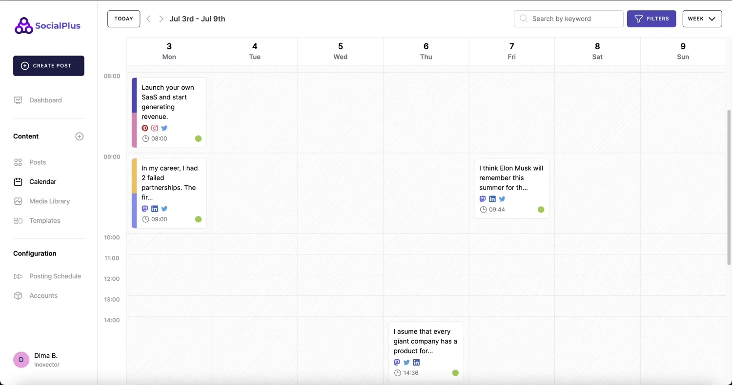 Kostenloses KI-Tool zur Verwaltung von sozialen Medien - SocialPlus AI - Wochenkalender